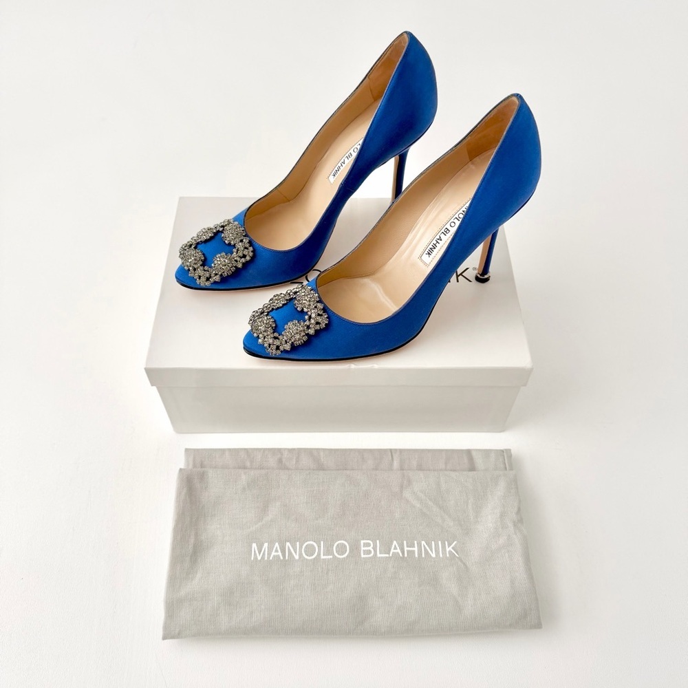 MANOLO BLAHNIK | Hangisi 105 Blue Satin Crystal Jewel Buckle Pumps EU 37 - Picture 2 of 14